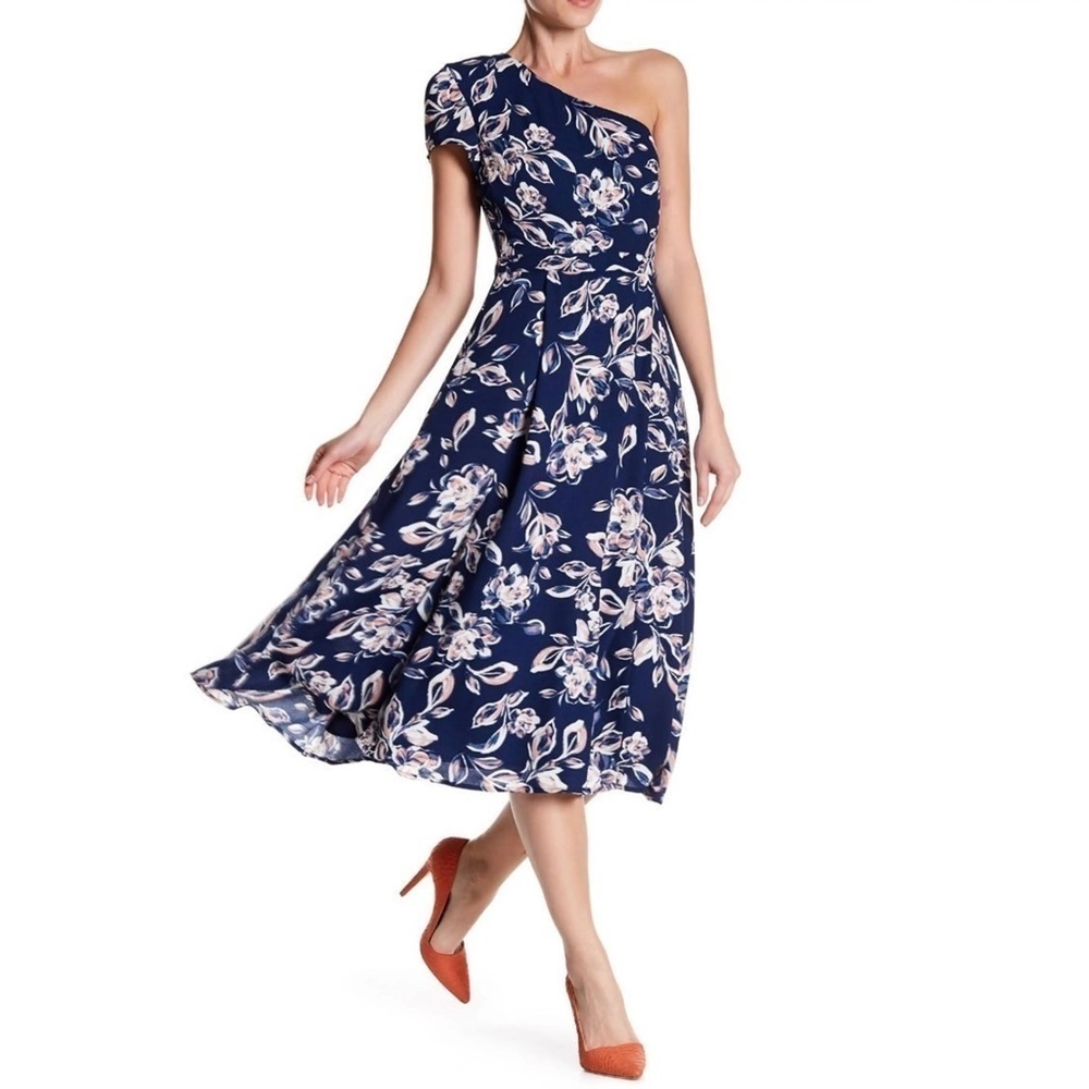 Charles Henry Navy Blue Floral One Shoulder Midi Dress Size Extra Small